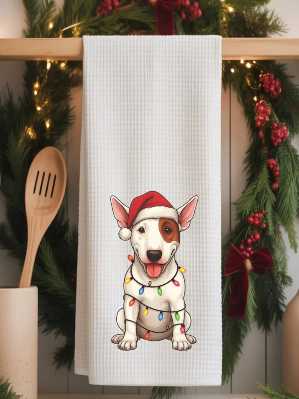 Bull Terrier Christmas Lights Decorative Kitchen Tea Towel